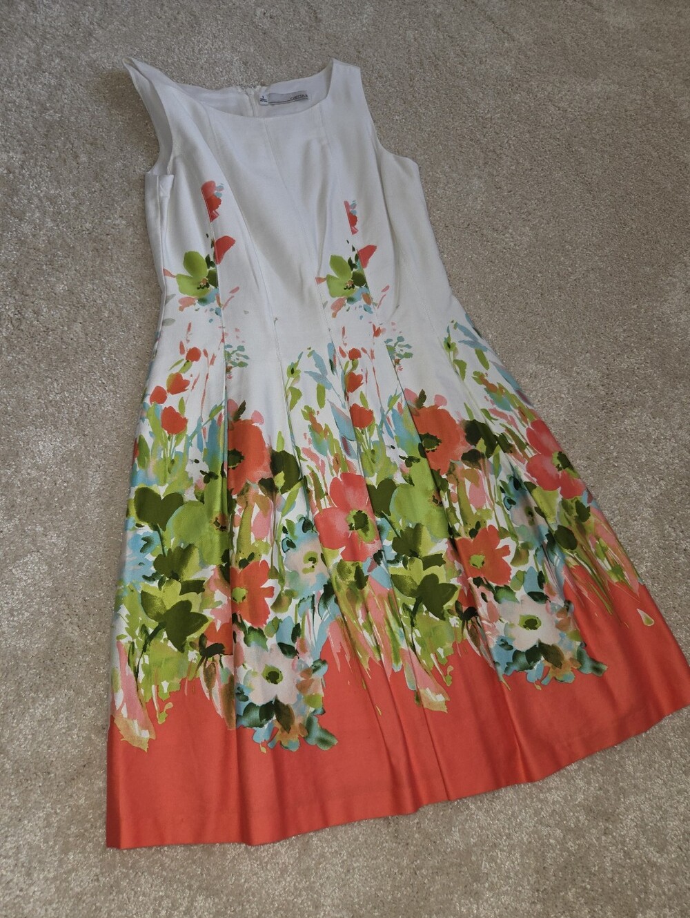 Chetta B White Floral Midi Dress with Coral Hem - Picture 2 of 2
